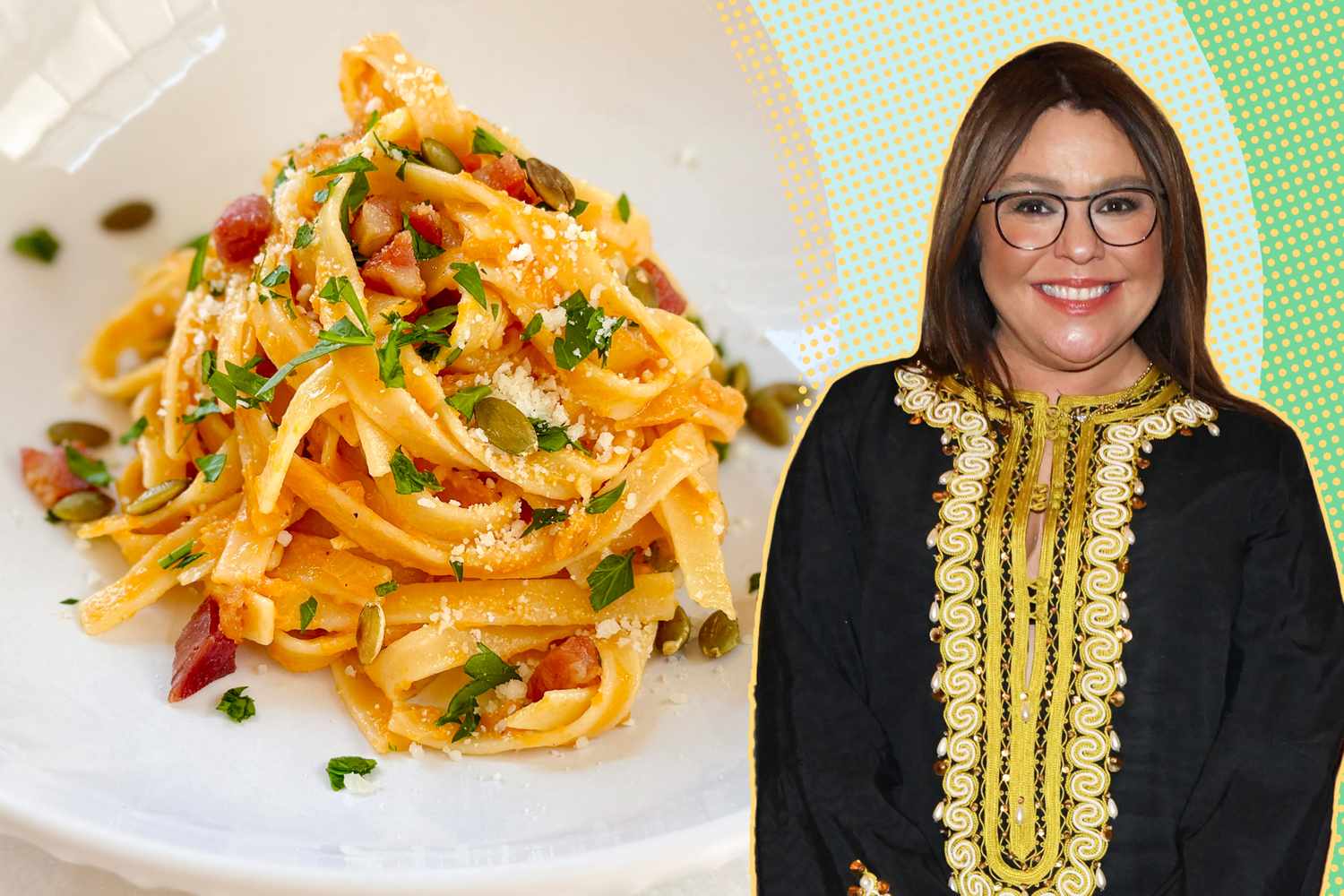 A split image of Rachael Ray and a plate of pasta garnished with herbs and cheese