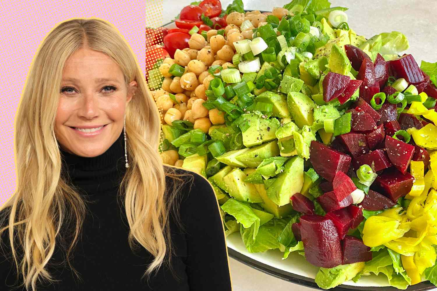 A photo of Gwyneth Paltrow in a black turtleneck next to a photo of her salad, showing neat piles of pepperoncini, cubed roasted beets, chunked avocado, chopped green onion, chickpeas, and halved cherry tomatoes on a bed of romaine lettuce