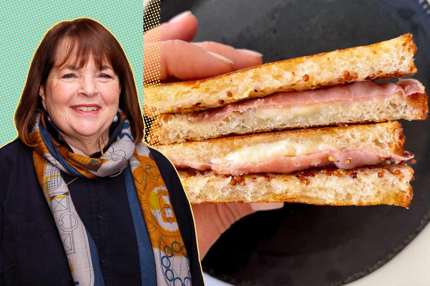 Ina Garten in the foreground, a hand holding a sandwich in the background
