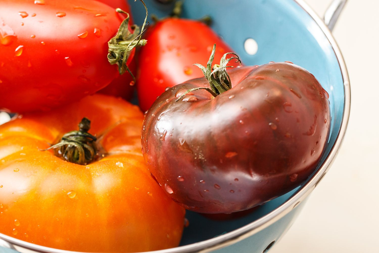 Several fresh tomatoes in a colander