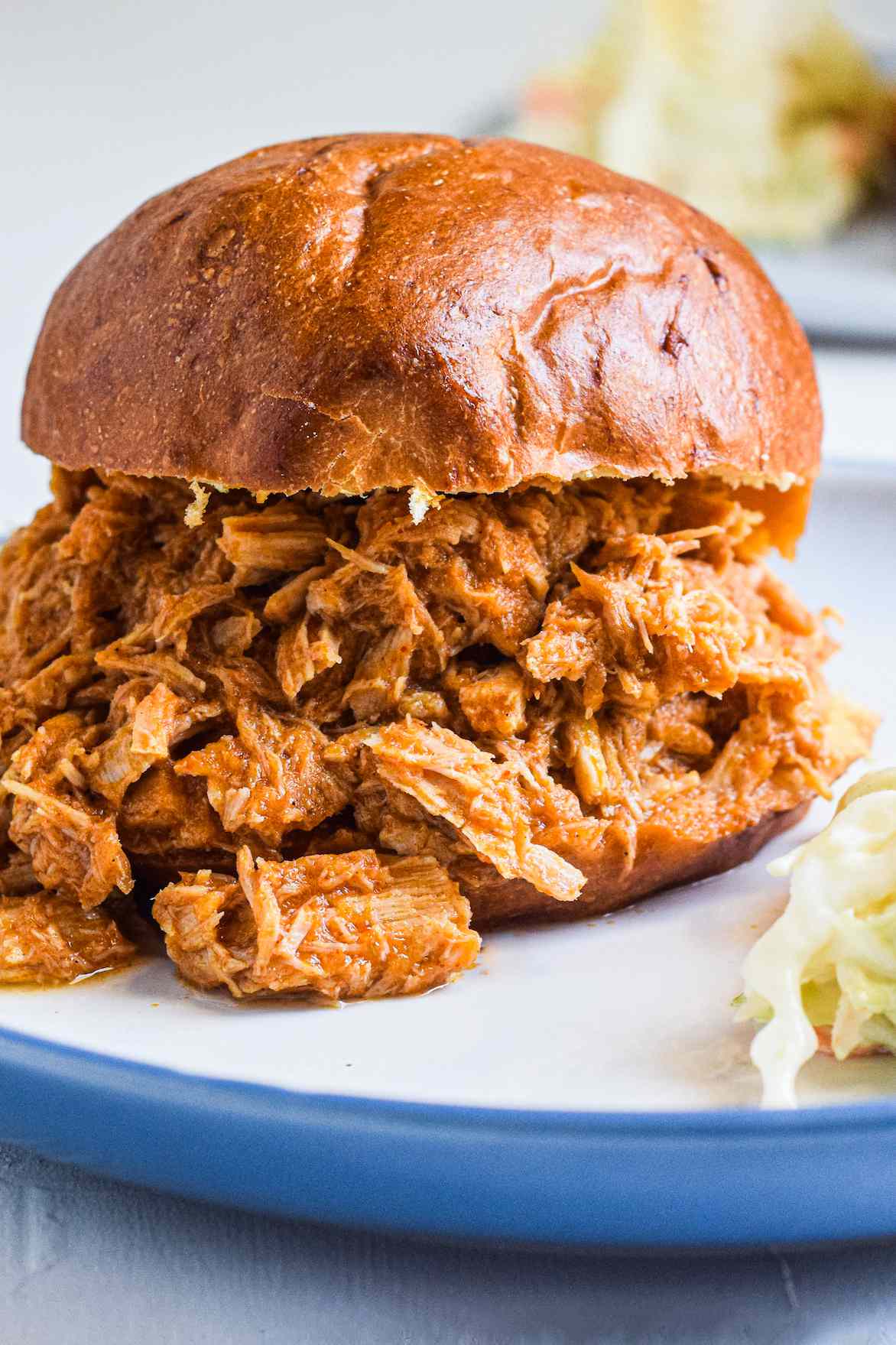 Pulled pork sandwich on a plate.