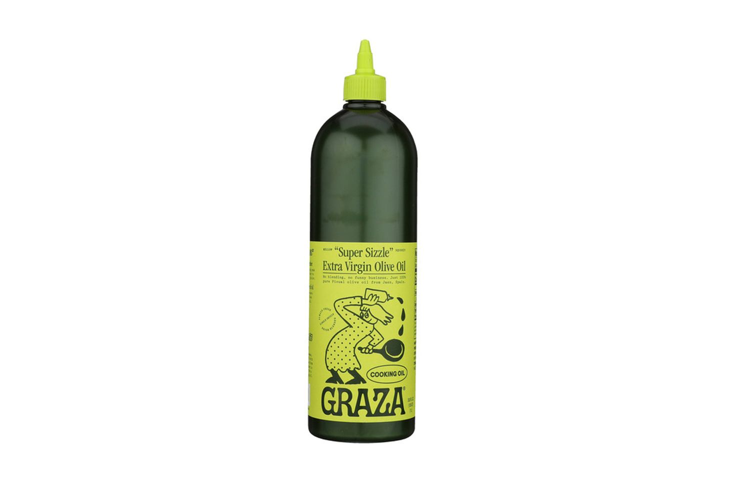 A bottle of Graza extra virgin olive oil with a green nozzle and label