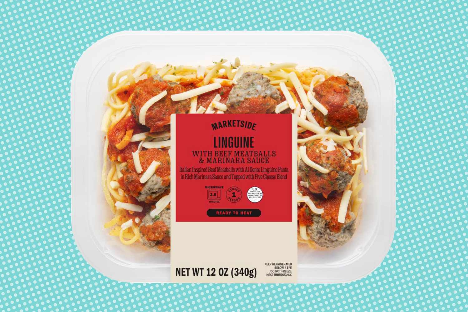 Packaged linguine with beef meatballs and marinara sauce labeled Marketside 12 oz