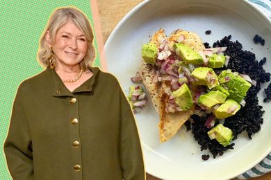 A split image of Martha Stewart and a plate with her recipe of cayenne rubbed chicken with avocado salsa