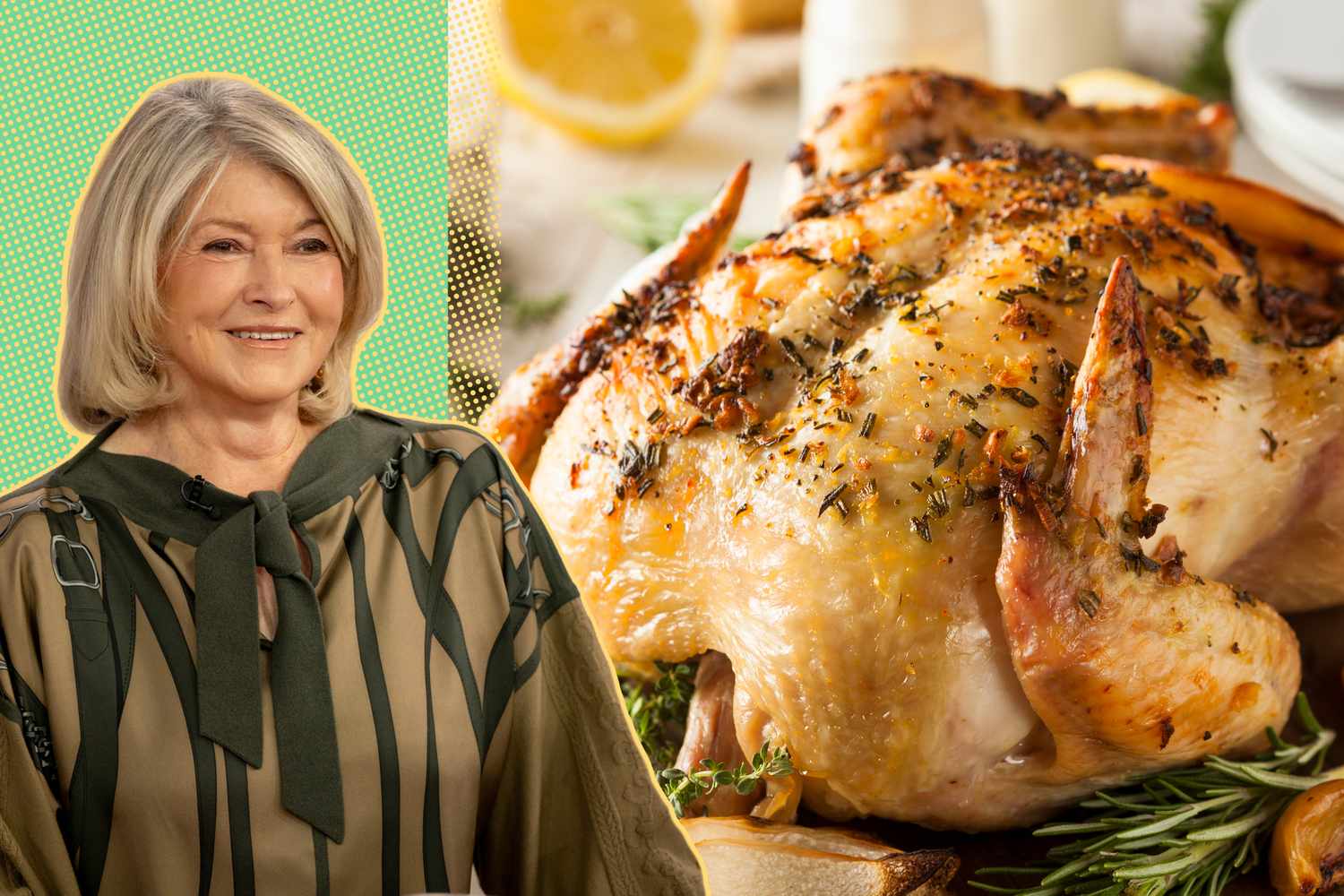 Martha Stewart next to a dish of roasted chicken
