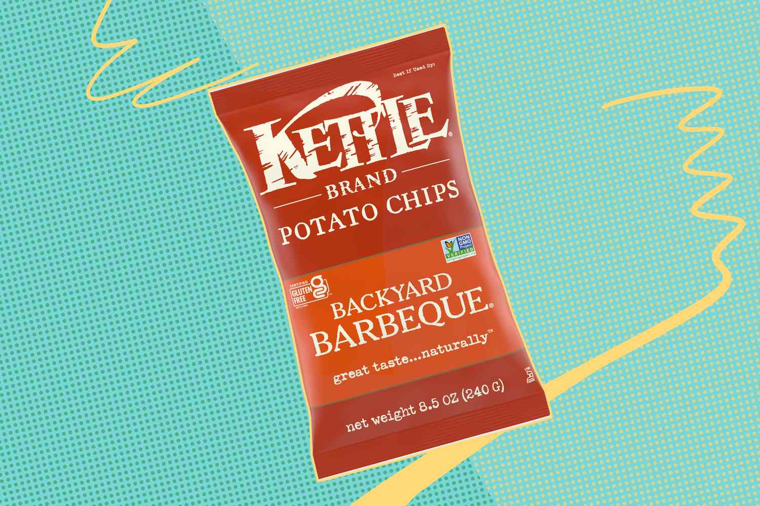 Bag of Kettle Brand Backyard Barbeque potato chips against a teal and yellow background