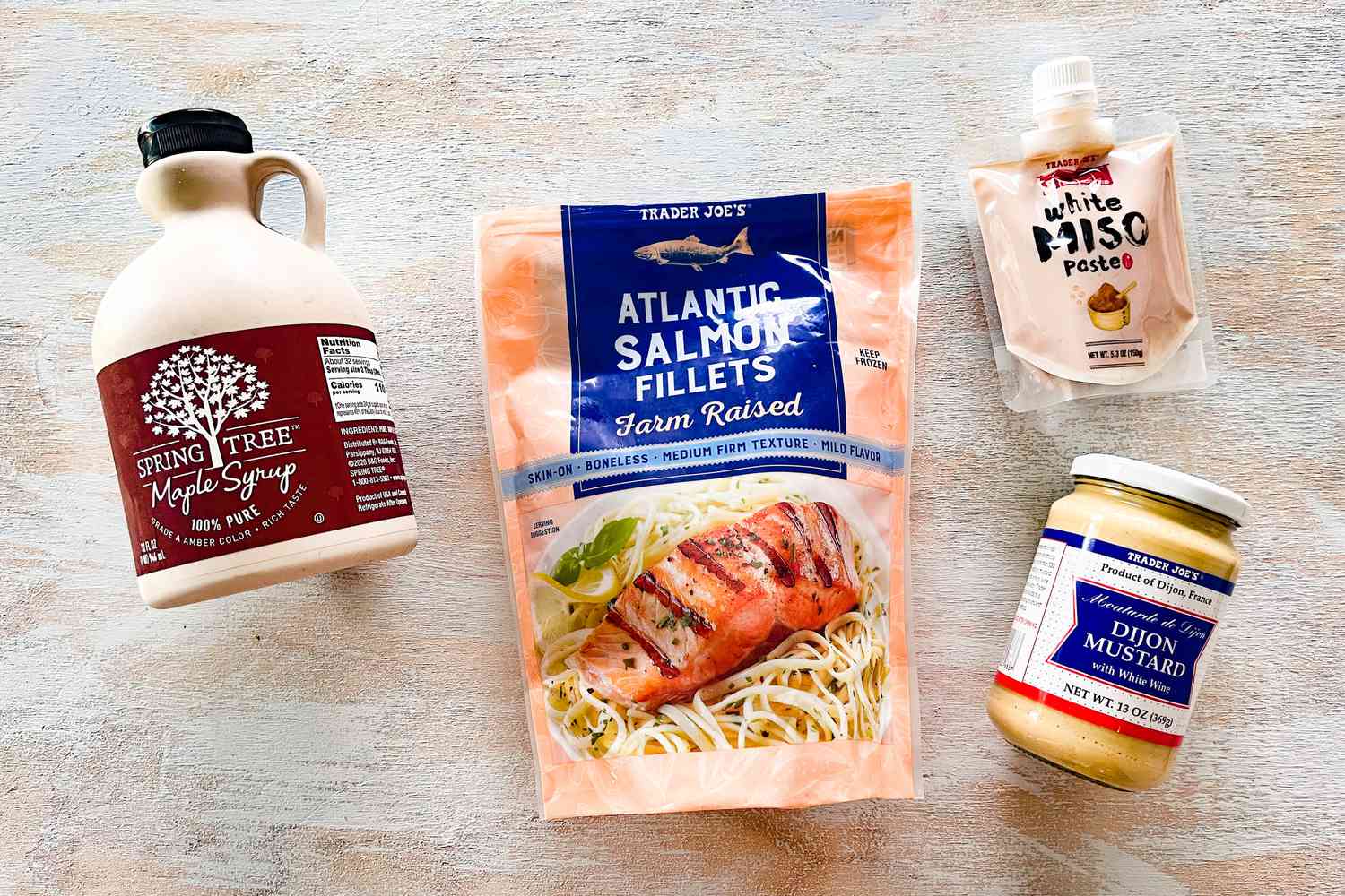 Ingredients for Triple M Salmon (L to R): Maple Syrup, Atlantic Salmon Fillets, White Miso Paste, and Dijon Mustard
