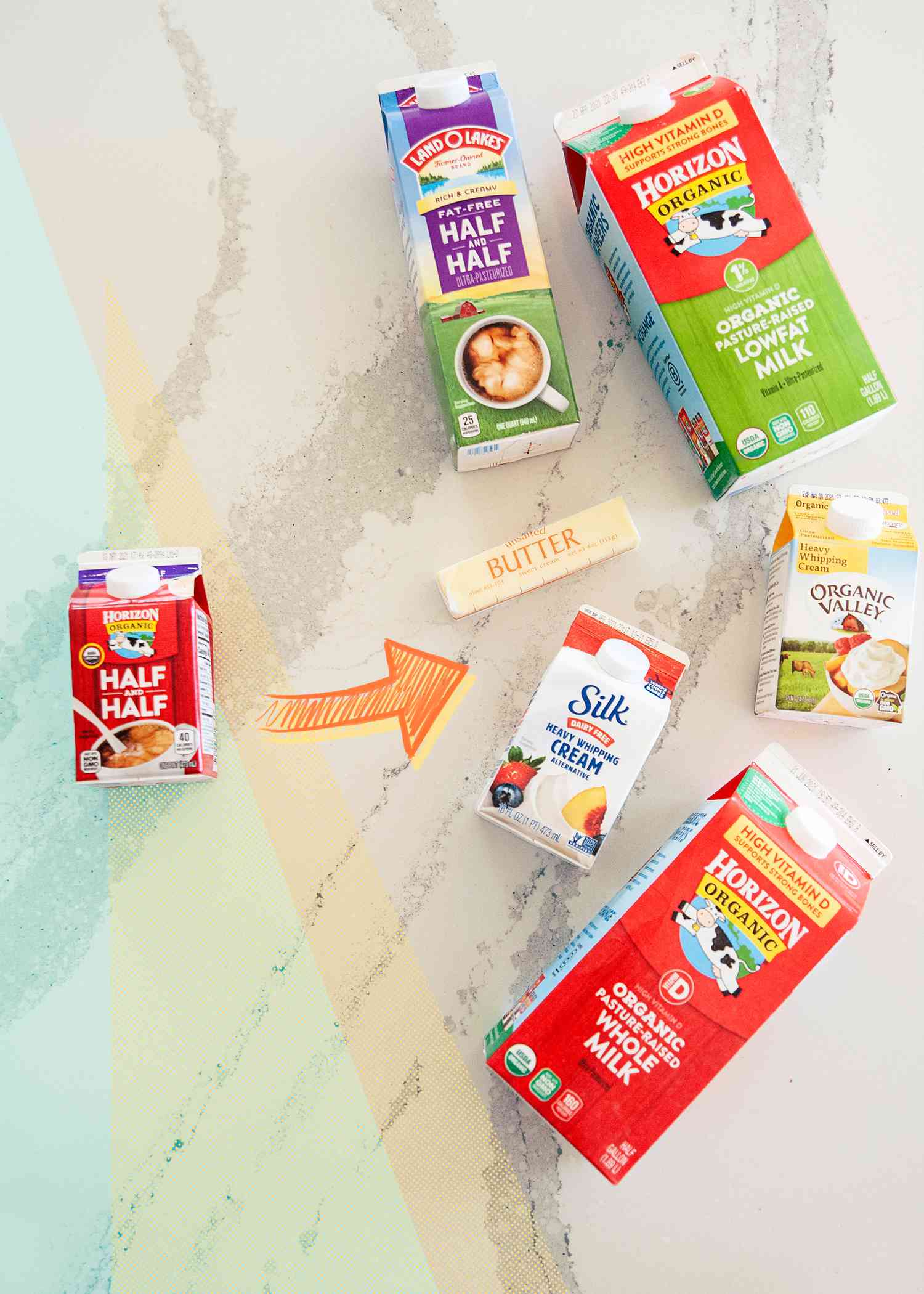 Variety of cartons showing half and half substitutes.