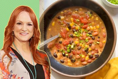 A split image of Ree Drummond and a bowl of mixed bean soup