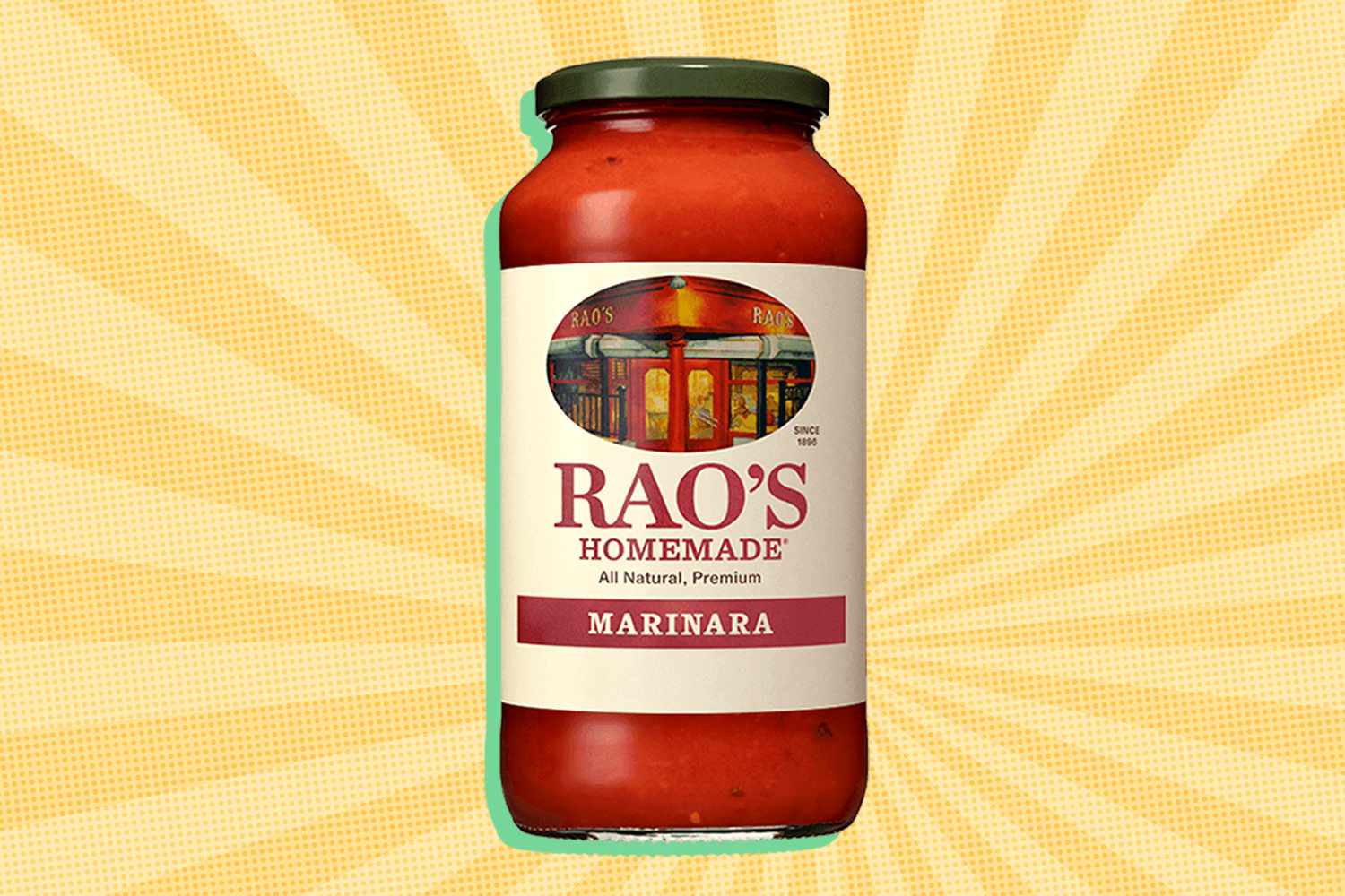 jar of rao's marinara sauce over a colorful background