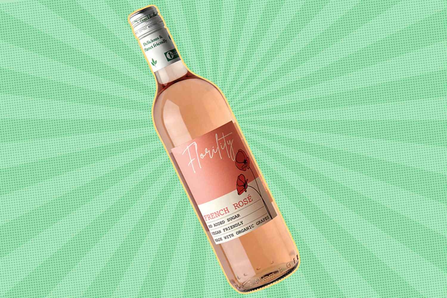 A bottle of French rosé wine labeled 'Fleurity' on a green patterned background