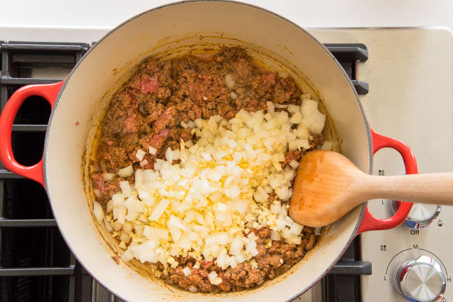 Onions and Garlic Added to Ground Beef for Taco Soup Recipe