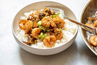 Shrimp and Mushroom Stir Fry Served over Rice