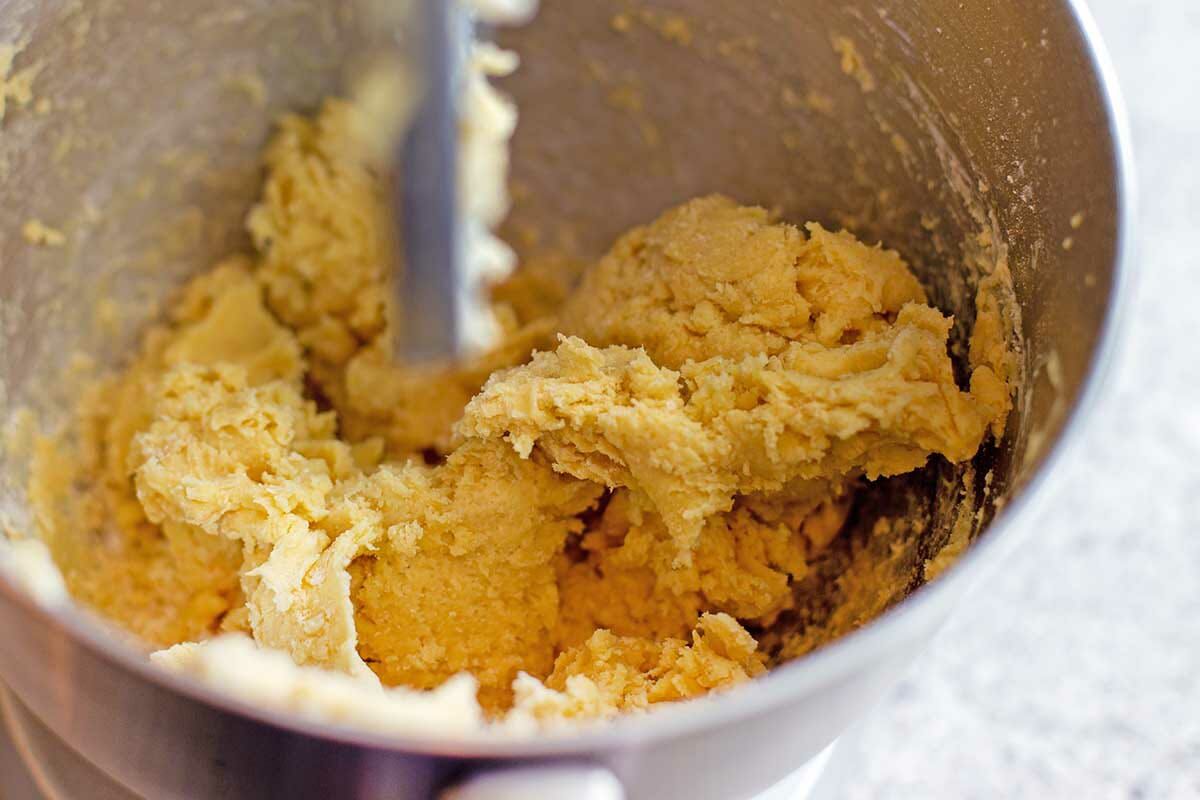 A mixer bowl of dough to make Butterhorn Christmas Cookies.