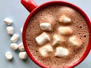 mug of hot chocolate, garnished with mini marshmallows