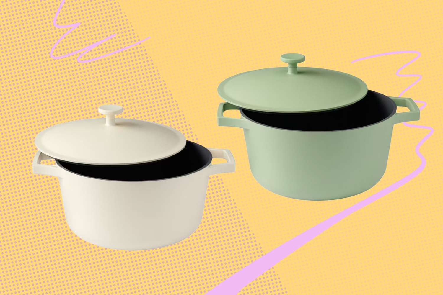 Two lidded cooking pots one pale and the other green side by side on a patterned background