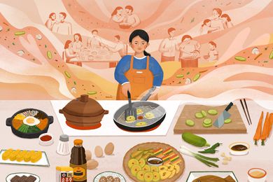 Woman cooking with the memories of people cooking behind her