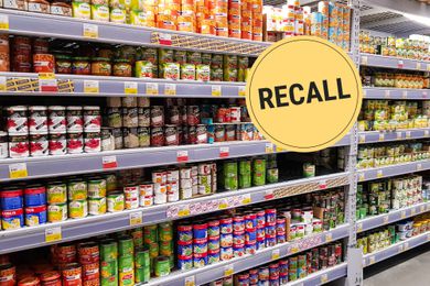 Grocery store shelves with a "Recall" badge superimposed