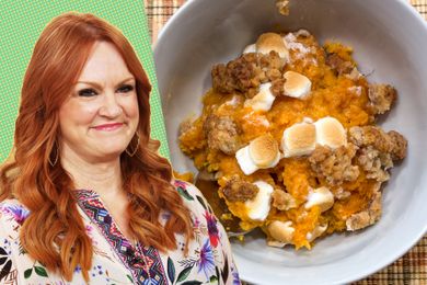 Ree Drummond next to a bowl of her Sweet Potato Casserole