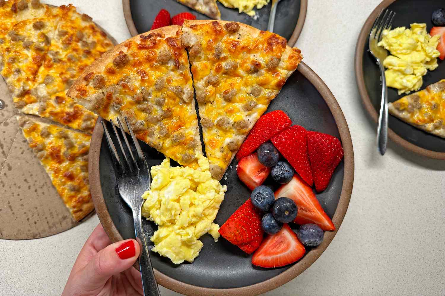 ALDI Breakfast Pizza with eggs and fruit
