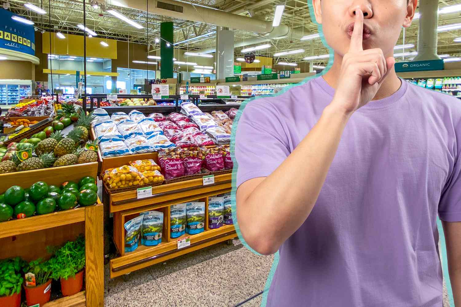 Person gesturing a shushing motion in front of a grocery store display