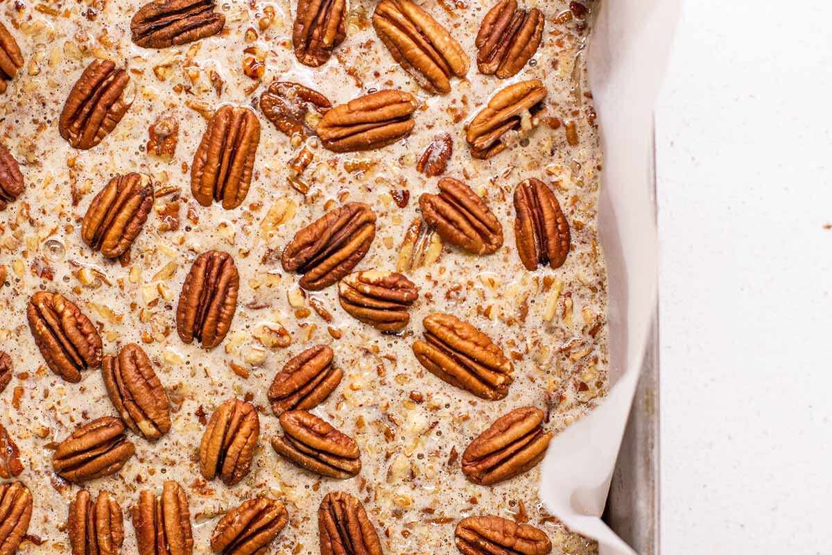 Best Ever Pecan Pie Bars add the pecans