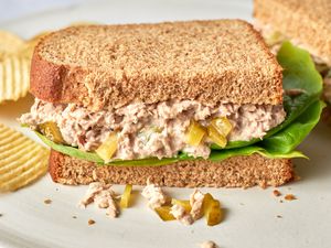 Dill Pickle Tuna Salad sandwich halved on a plate