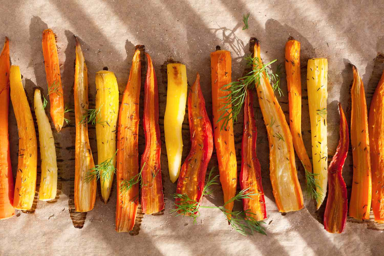 Overhead shot of colorful roasted carrots
