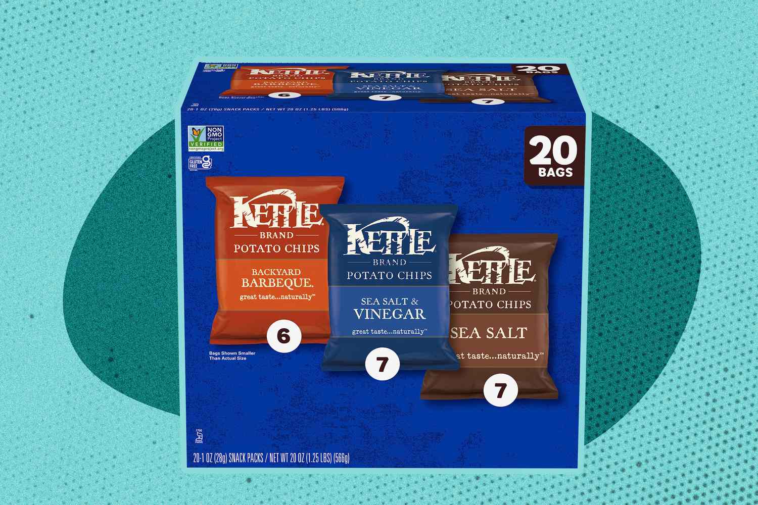 Kettle Brand Potato Chips box over a colorful background