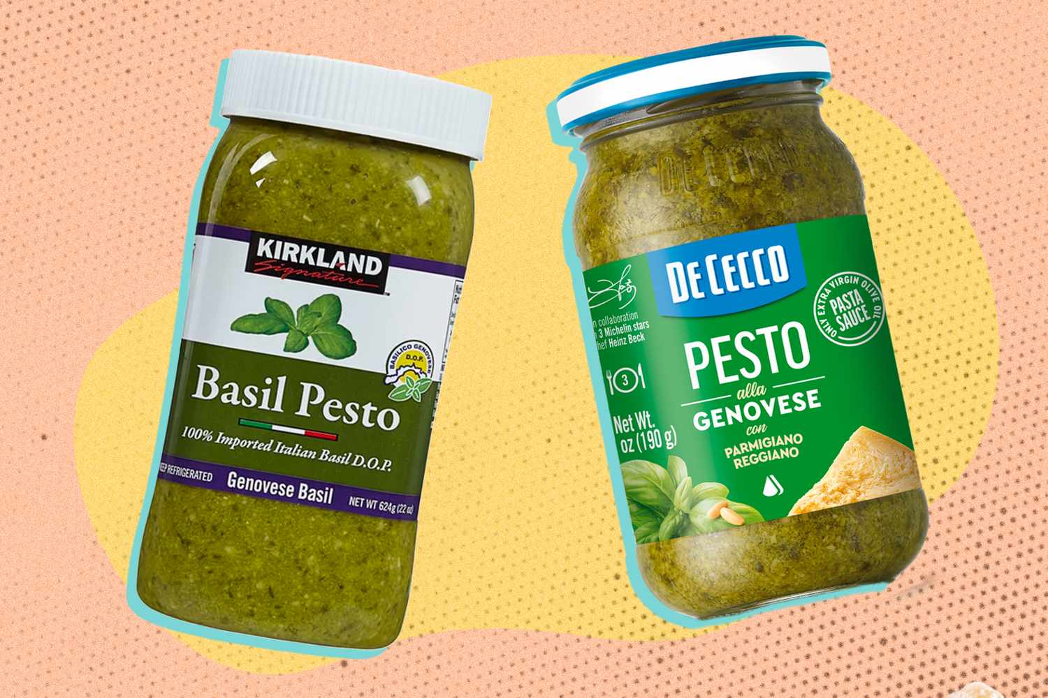 Two jars of basil pesto Kirkland Basil Pesto on the left and De Cecco Pesto Genovese on the right
