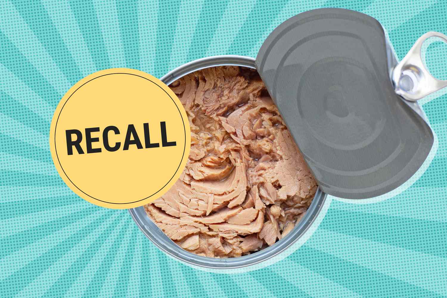 An open can of tuna with a recall sign overlaid on it suggesting a product recall