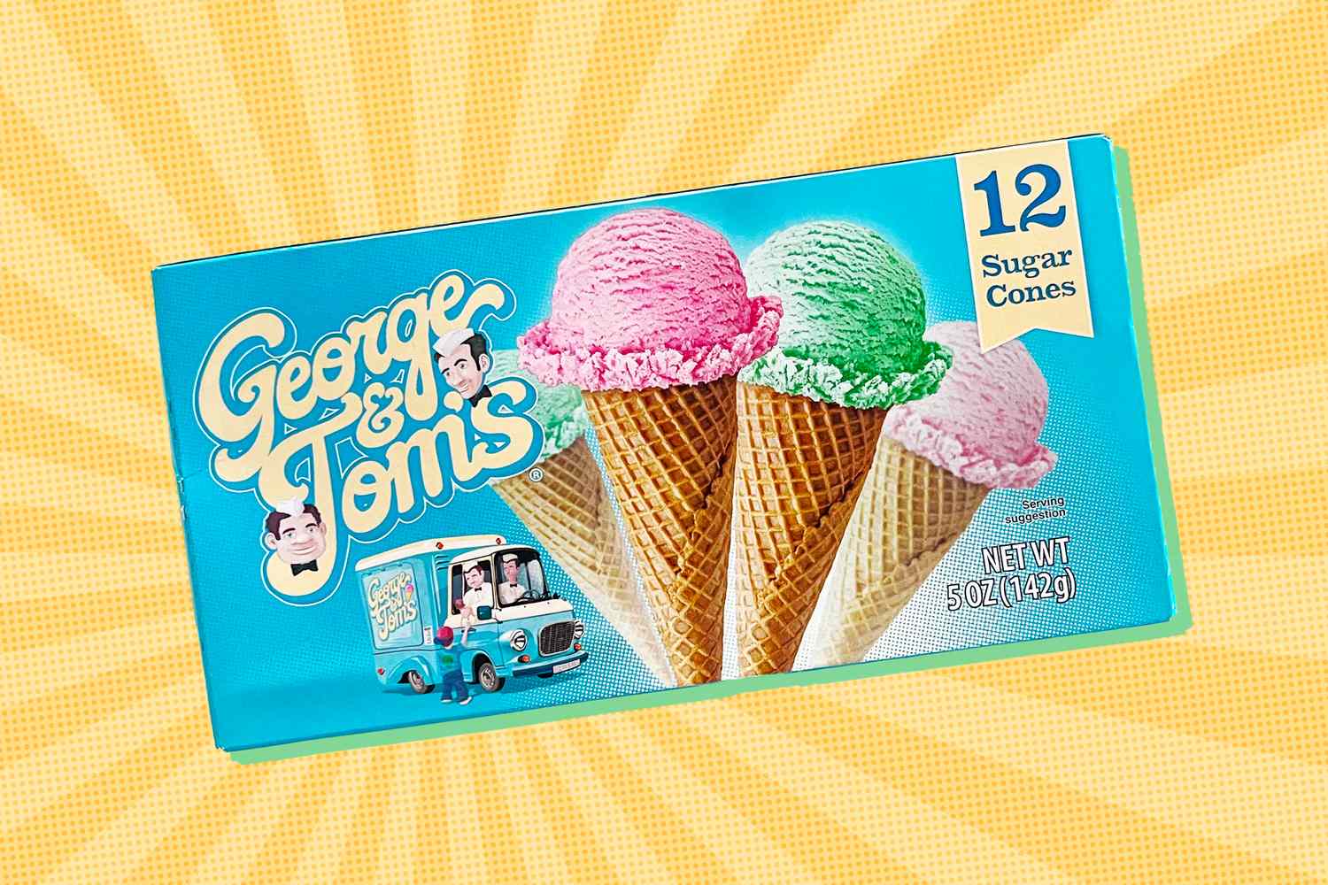 Packaging for George and Tom's 12 Sugar Cones with three ice cream cones depicted
