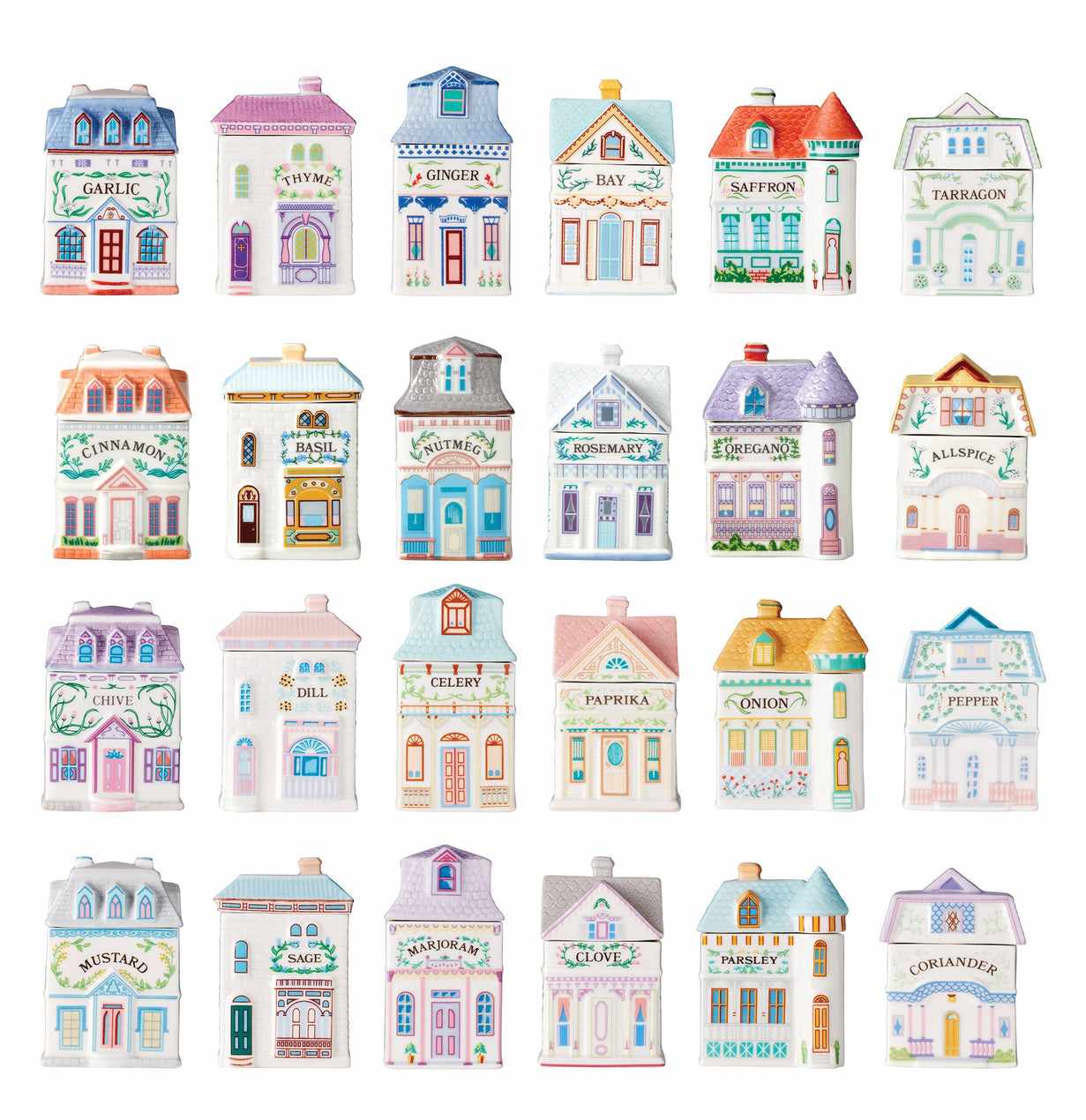 A collection of decorative spice jars shaped like small houses in various designs and labels