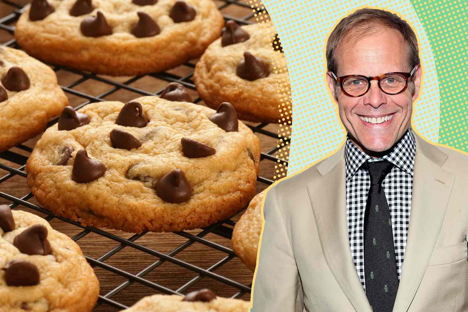 A split image of chocolate chip cookies and Alton Brown