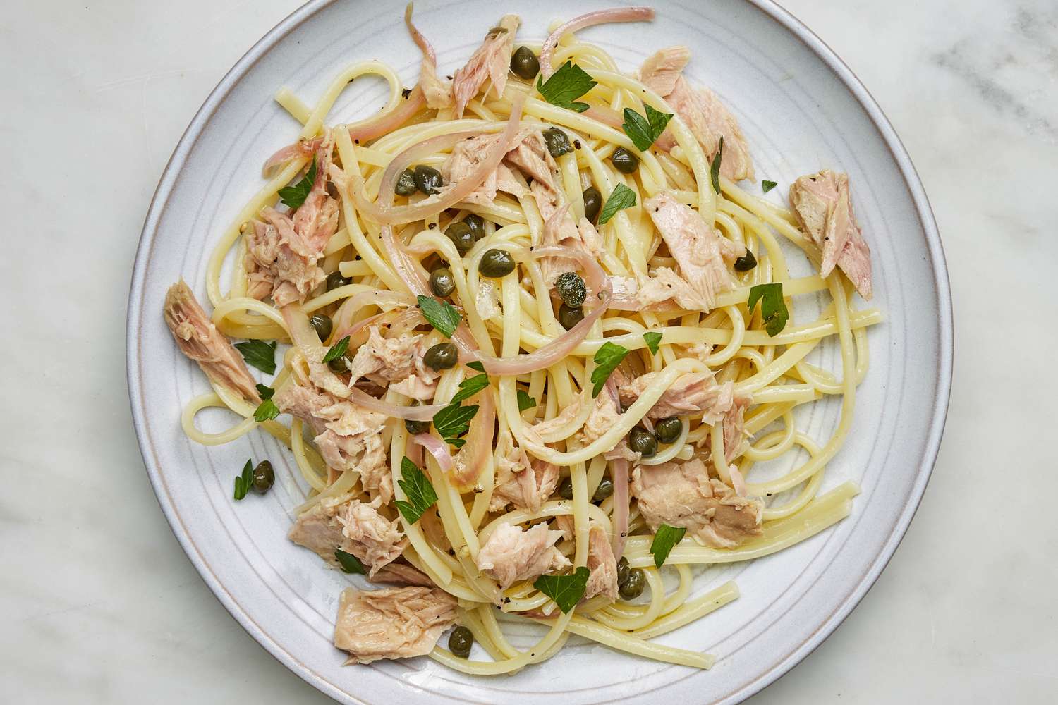 5-ingredient linguine with tuna and capers on a plate