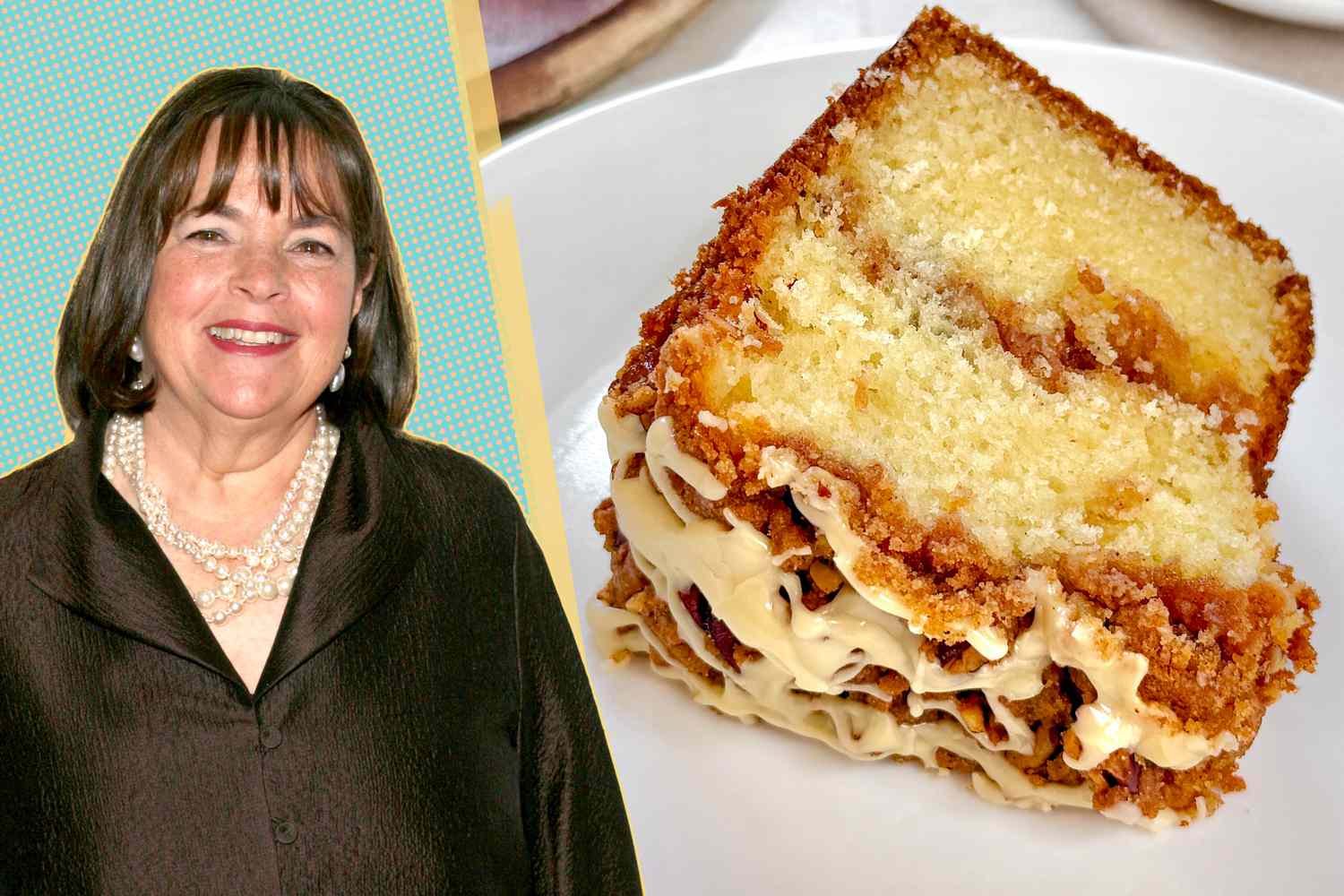 Ina Garten and a layered cake slice on a plate