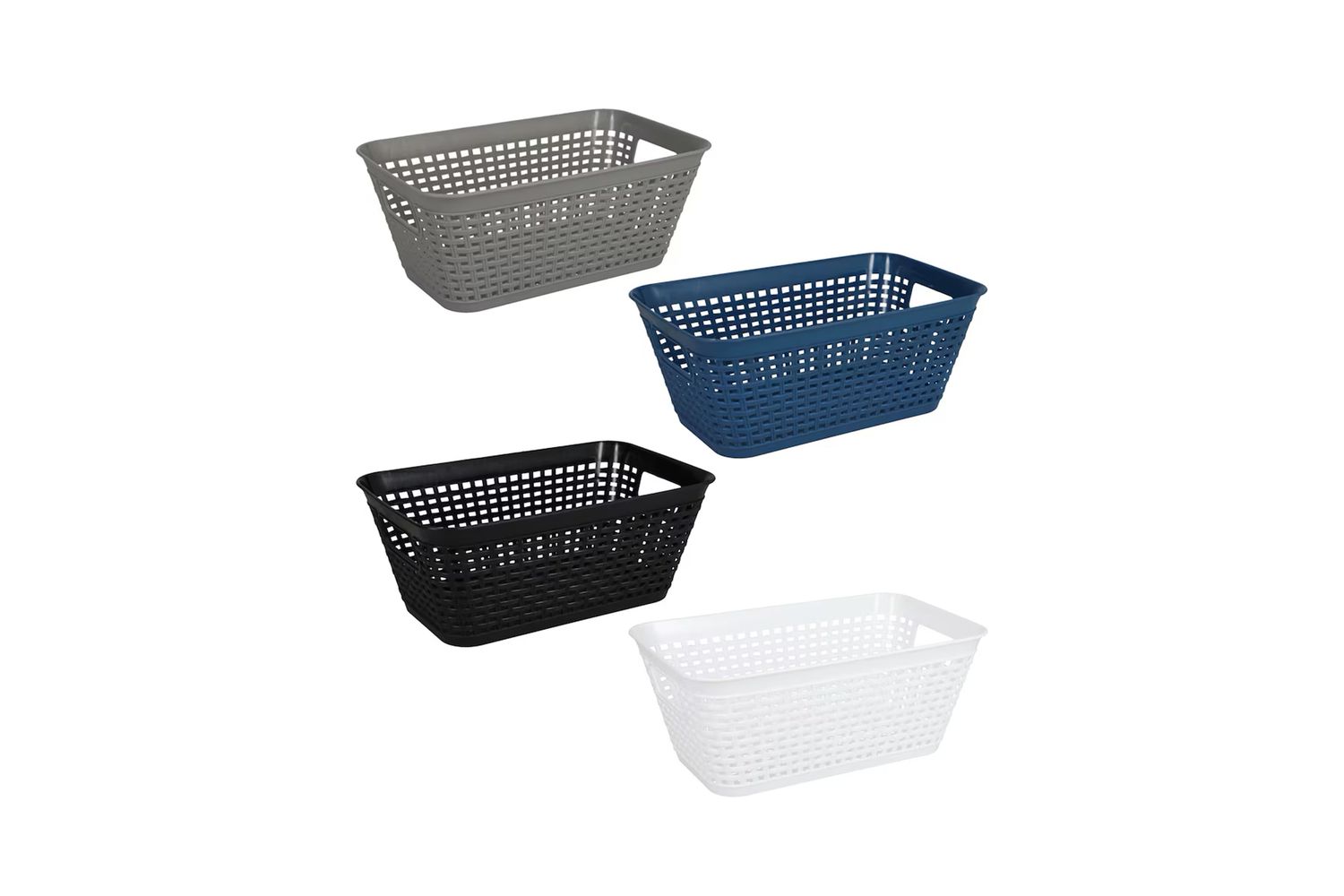 A selection of four plastic baskets, varying in color, arranged for display