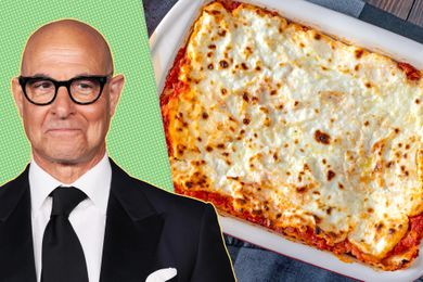 Split image of Stanley Tucci and a baked casserole