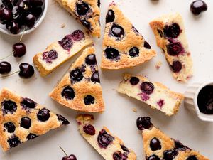 Overhead view of slices of cherry cake from scratch.