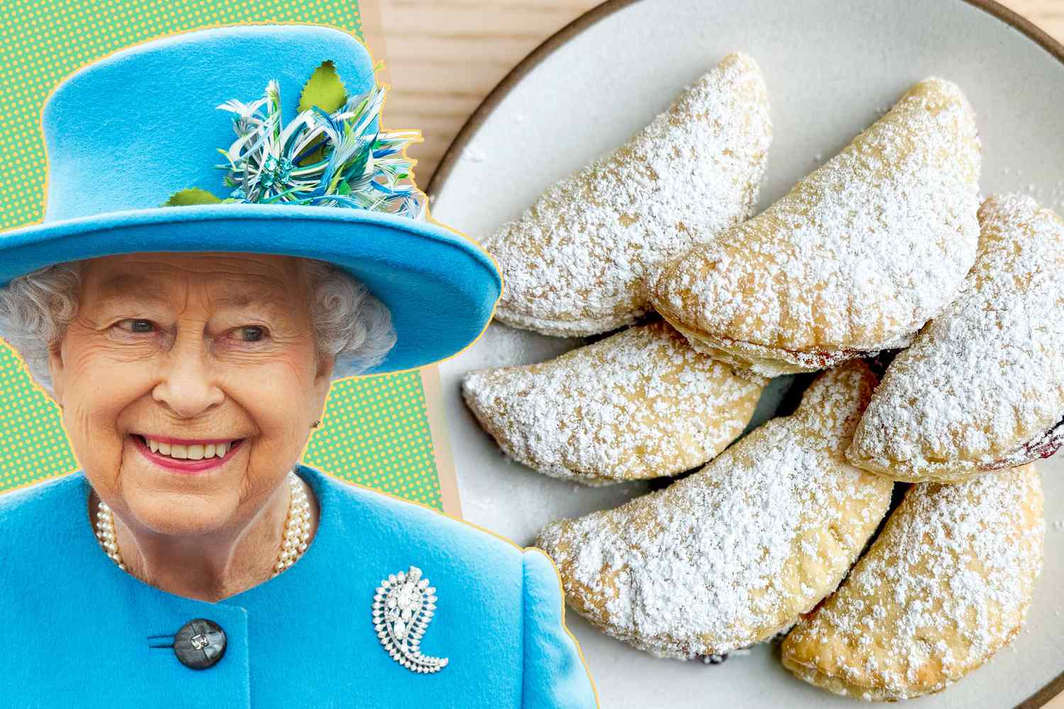 portrait of Queen Elizabeth and a plate of Turnovers