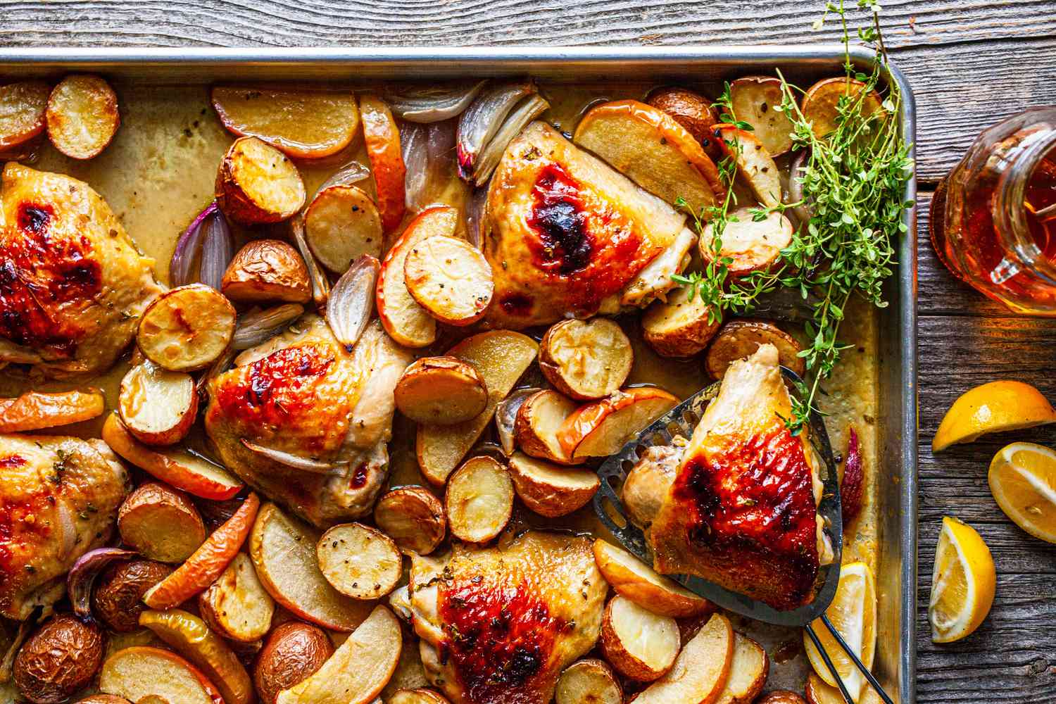 Sheet Pan Honey Roasted Chicken Thighs with Baby Potatoes, Apples, Shallots, and Thyme