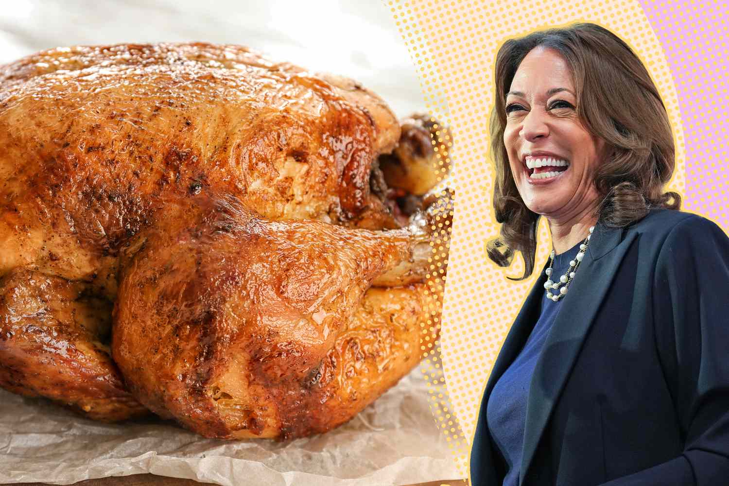 Kamala Harris' headshot next to a beautifully browned turkey