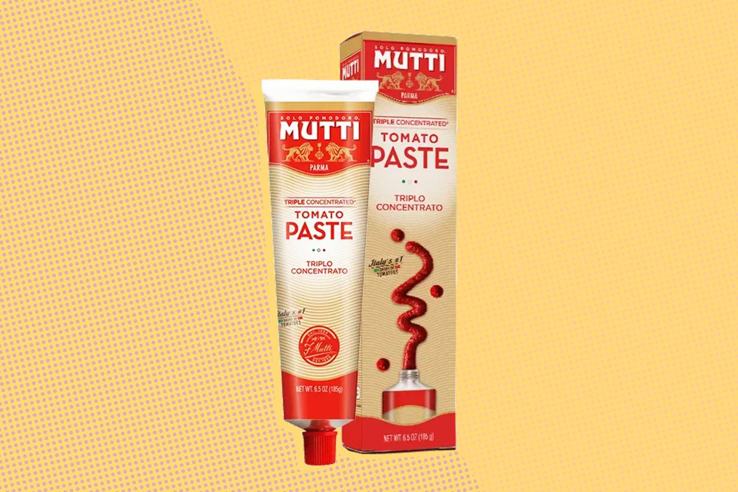 A tube and box of Mutti brand tomato paste on a yellow background