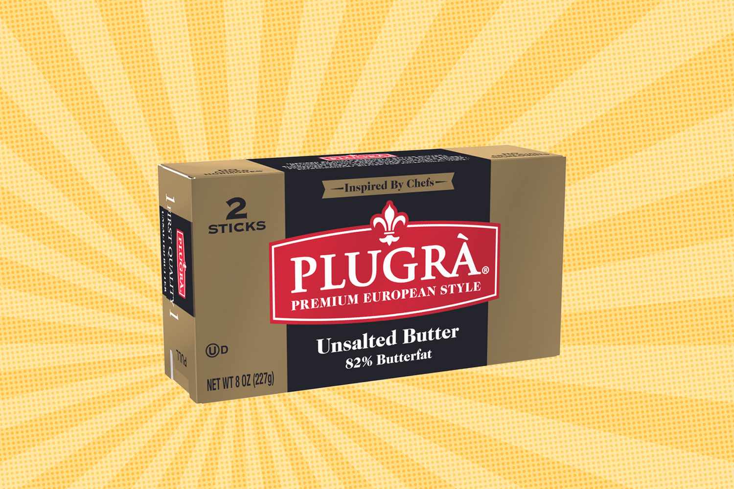 Package of Plugr Premium European Style Unsalted Butter 2 sticks 82 butterfat