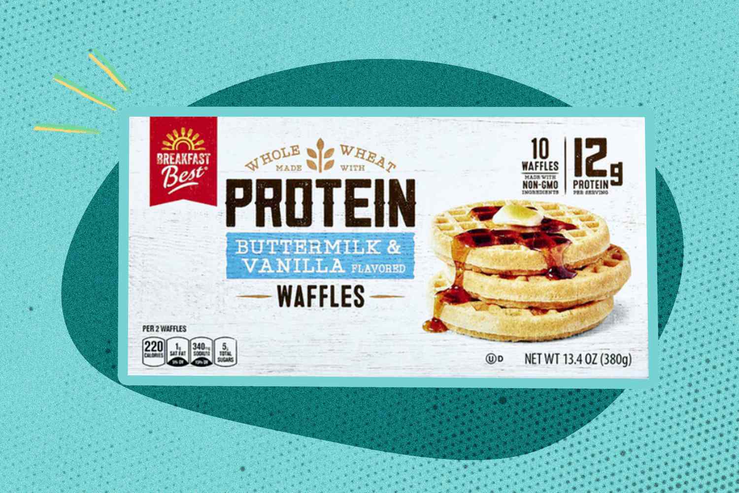 Whole Wheat Protein Pancake box on a color block