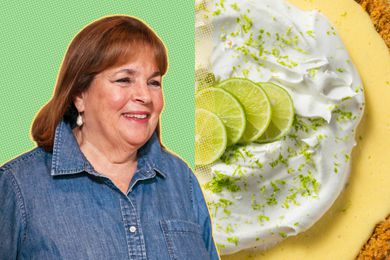 A split image of Ina Garten and a close-up of a key lime pie with whipped cream and lime slices