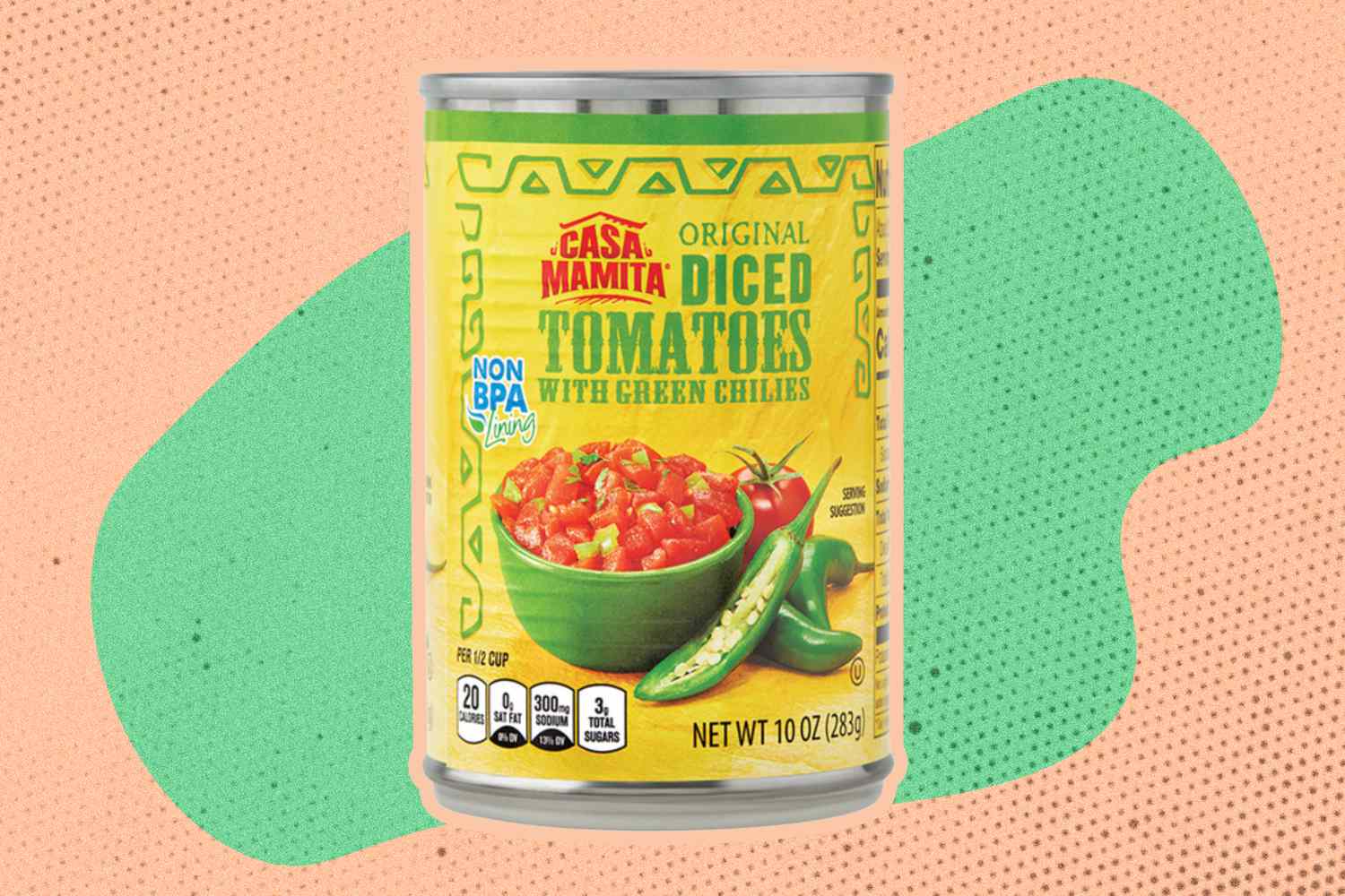 Casa Mamita Diced Tomatoes With Green Chilies can over a colorful background