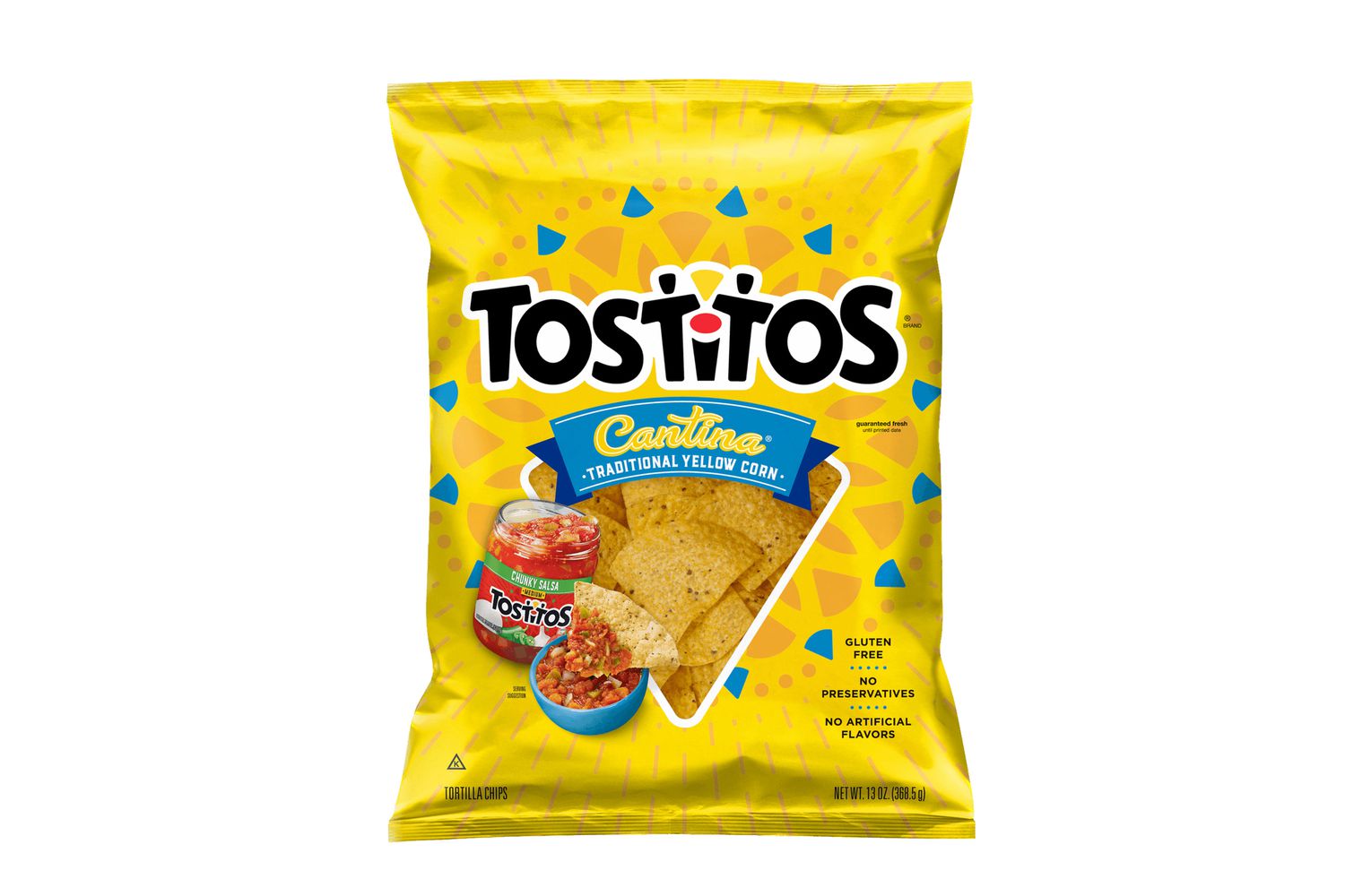 Bag of Tostitos Cantina Traditional Yellow Corn chips on a white background