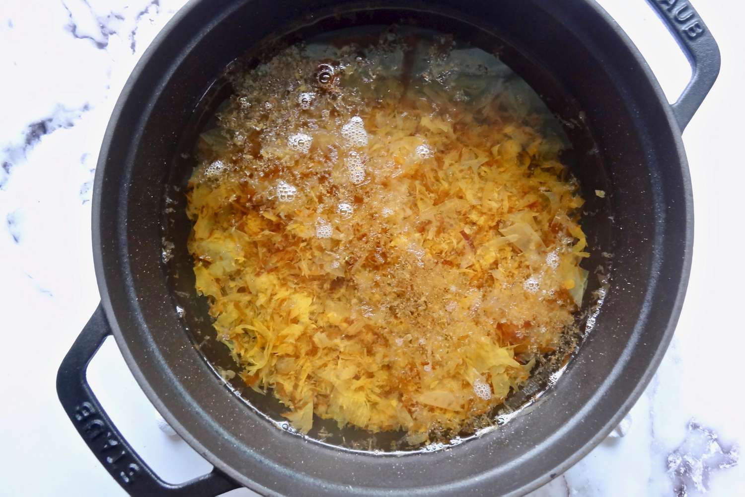 Bonito flakes in a large pot to make miso soup.