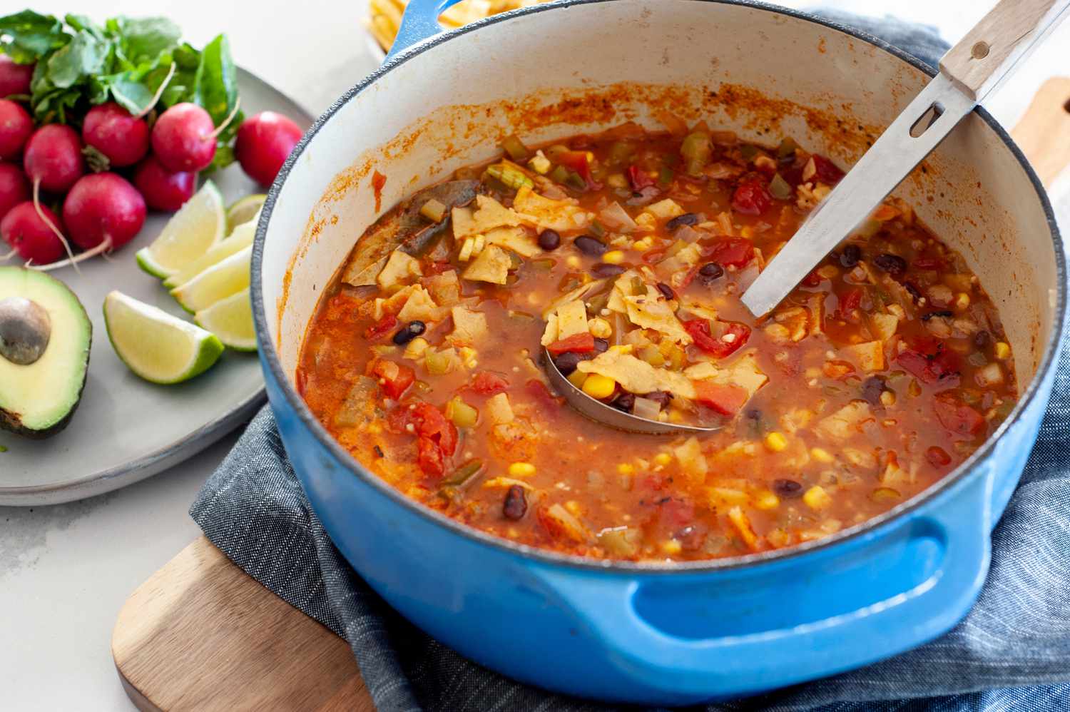 Vegetarian-friendly tortilla soup in a dutch oven.